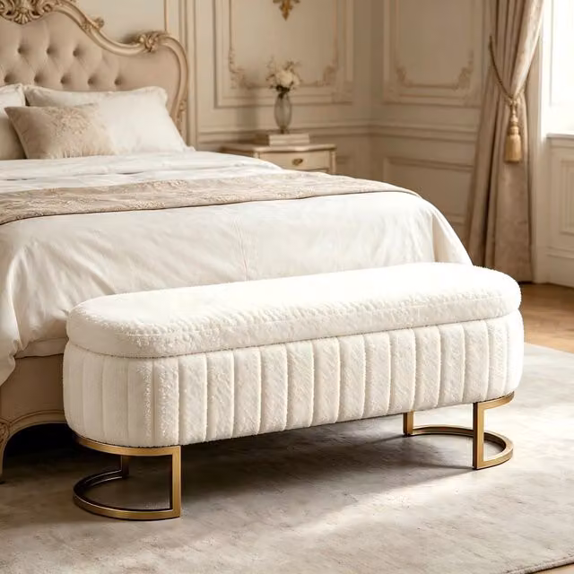 Panca da letto contenitore OKWISH in velluto beige con seduta imbottita e struttura in metallo e legno, L: 130 cm – 1