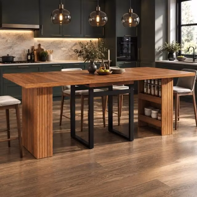 Tavolo da pranzo allungabile con vano portaoggetti integrato, gambe in metallo robuste, piano effetto legno, 120-160-200x80x78 cm, colore marrone scuro