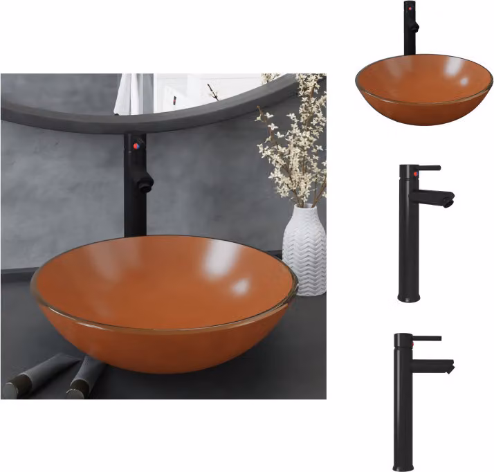 vidaXL Lavandino da bagno con rubinetto e scarico a scomparsa Marrone Vetro temperato - Lavandino da bagno