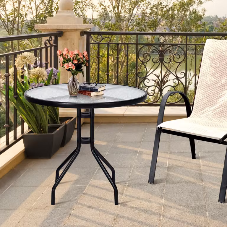 Tavolino da caffè rotondo Costway con piano in vetro temperato e gambe in metallo nero per giardino e terrazzo, Diametro: 70 cm