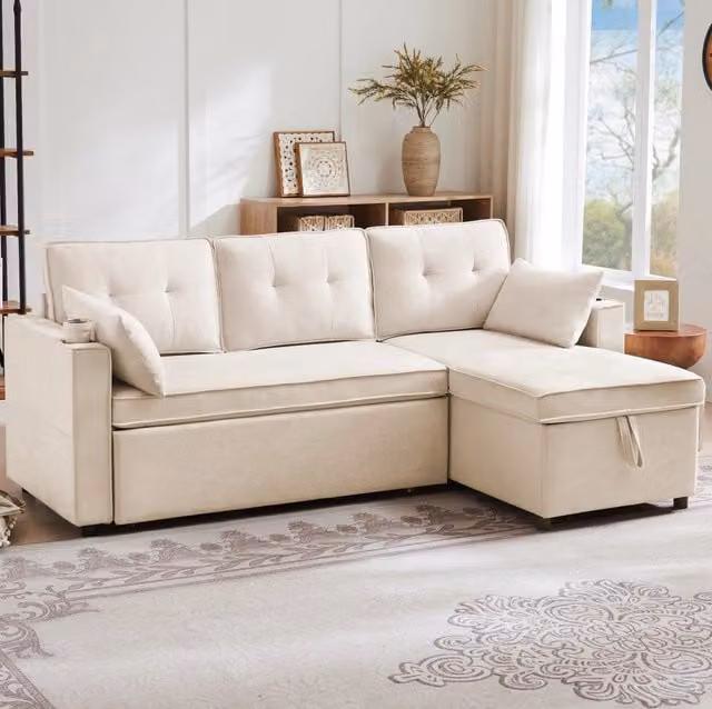 Divano letto ULEVR 211x130x86 cm con chaise longue reversibile, contenitore e portabicchieri, beige
