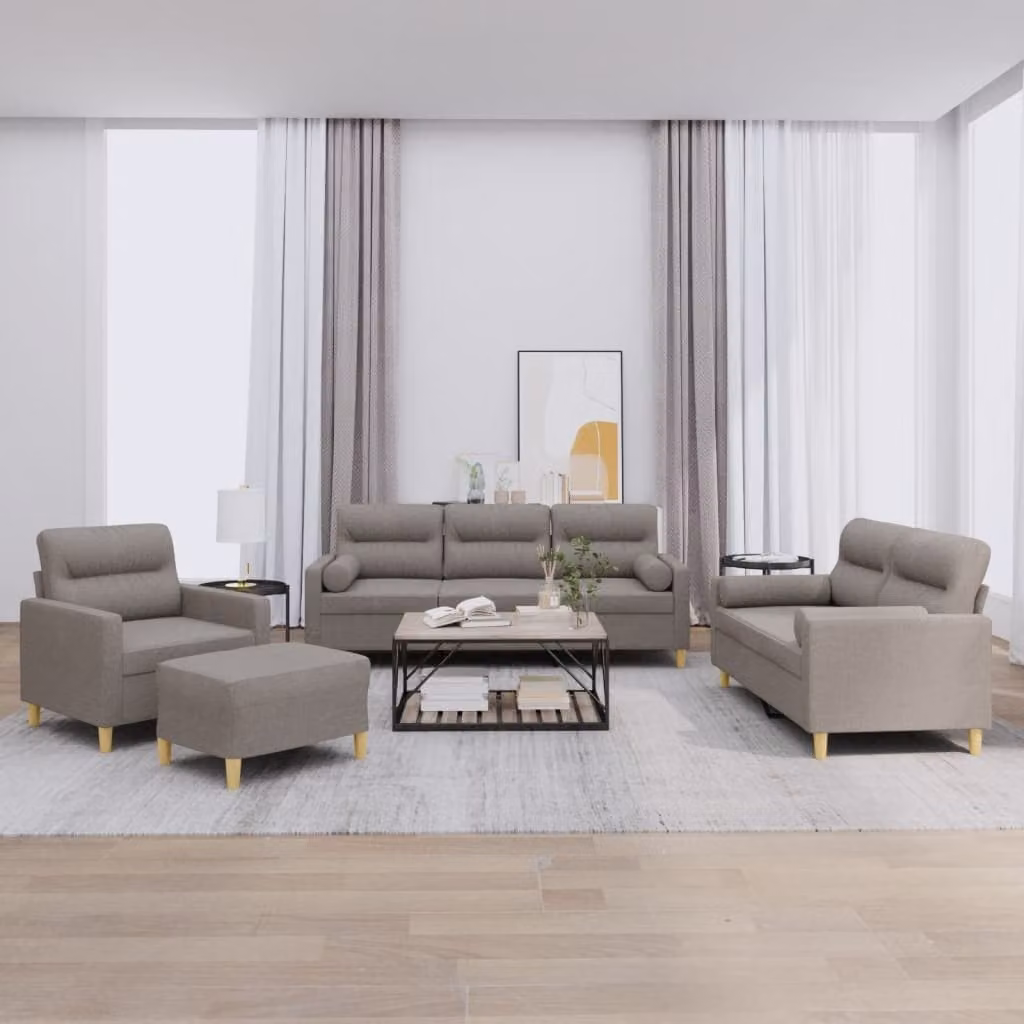 Set di Divani vidaXL 4 Pezzi Moderno in Tessuto Beige e Grigio con Ottoman e Cuscini – 1