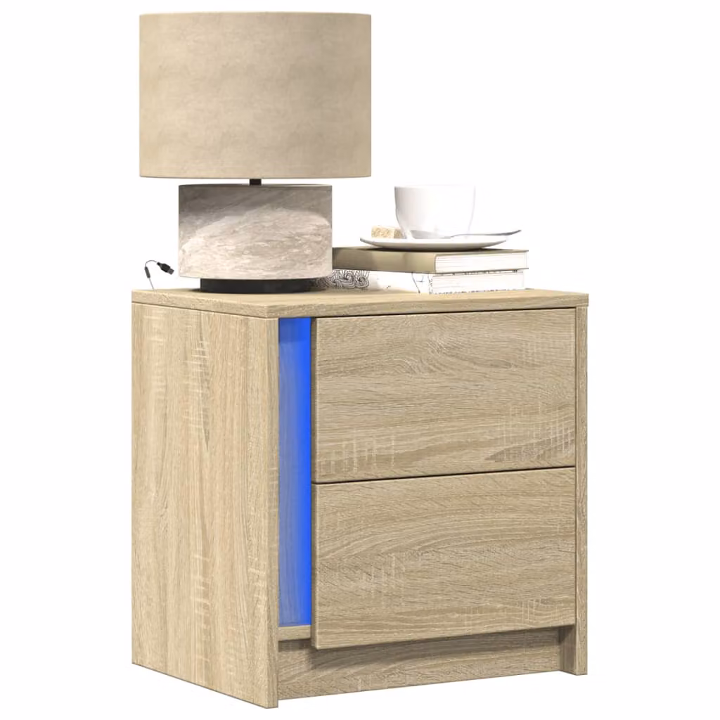 Set di 2 comodini vidaXL con luci LED integrate in legno e MDF, colore Rovere Sonoma/Marrone, stile moderno per camera da letto o soggiorno