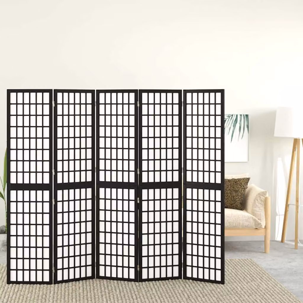 Divisorio Pieghevole vidaXL in Legno di Abete con 5 Pannelli Stile Giapponese, Colore Nero Opaco, L 200 cm x H 170 cm