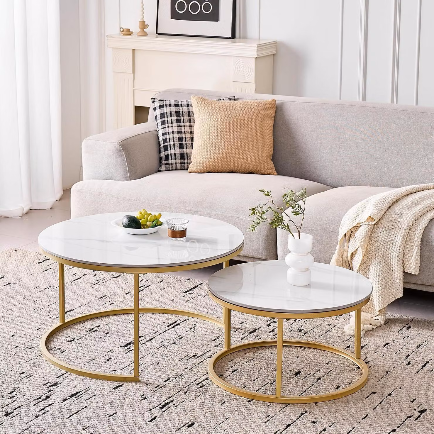 Set di tavolini da divano, forma rotonda, 2 pezzi, piano in Vetroceramica, bianco e oro, diametro 60 cm e 80 cm