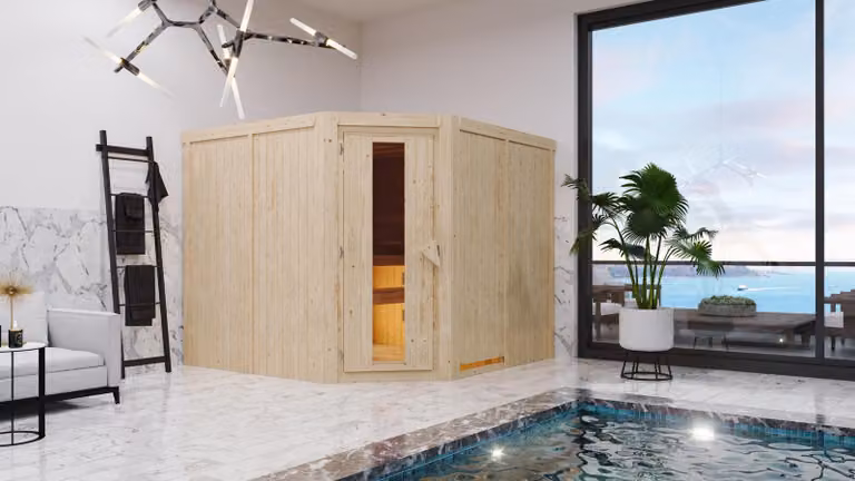 Karibu sauna cabina interna Malin sauna interna 3 panche in legno, cabina sauna con spessore parete 68 mm, sauna a vapore con materiale di montaggio