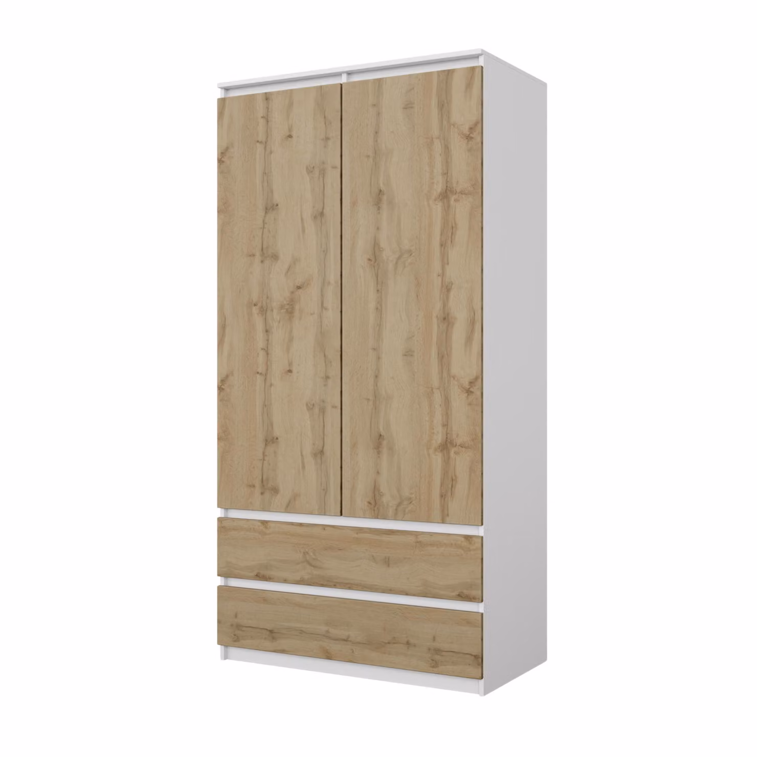 Armadio Bianco Opaco / Rovere Wotan – Armadio Camera da Letto 2 Ante con 2 Cassetti, Guardaroba L90 x H180 x P50 cm