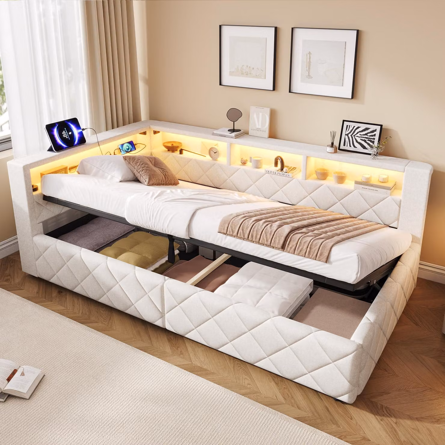 Divano letto Flieks 90x200 cm con porta USB e rivestimento in ecopelle, letto imbottito singolo con spazio contenitore, divano letto giornaliero con sistema idraulico e vani a giorno, colore: lino, beige