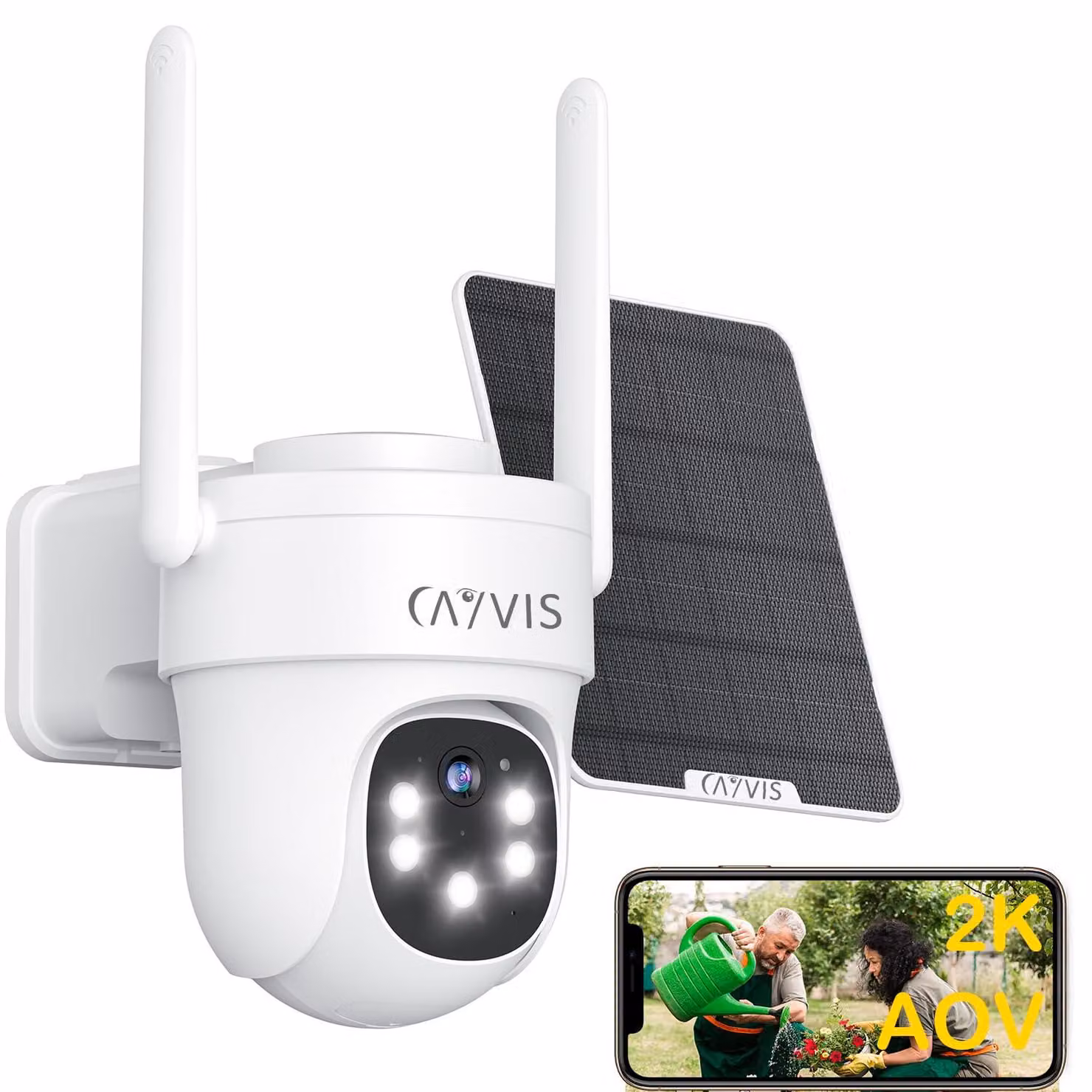 Telecamera di sicurezza wireless 2K - Pannello solare, rotazione PTZ, visione notturna a colori - Risoluzione 3 MP - Plastica, colore bianco