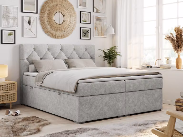 Boxspring con testiera trapuntata ALDA - 200x200 cm - Materassi multipocket H4 | Grigio chiaro Tessuto strutturato - Topper T25