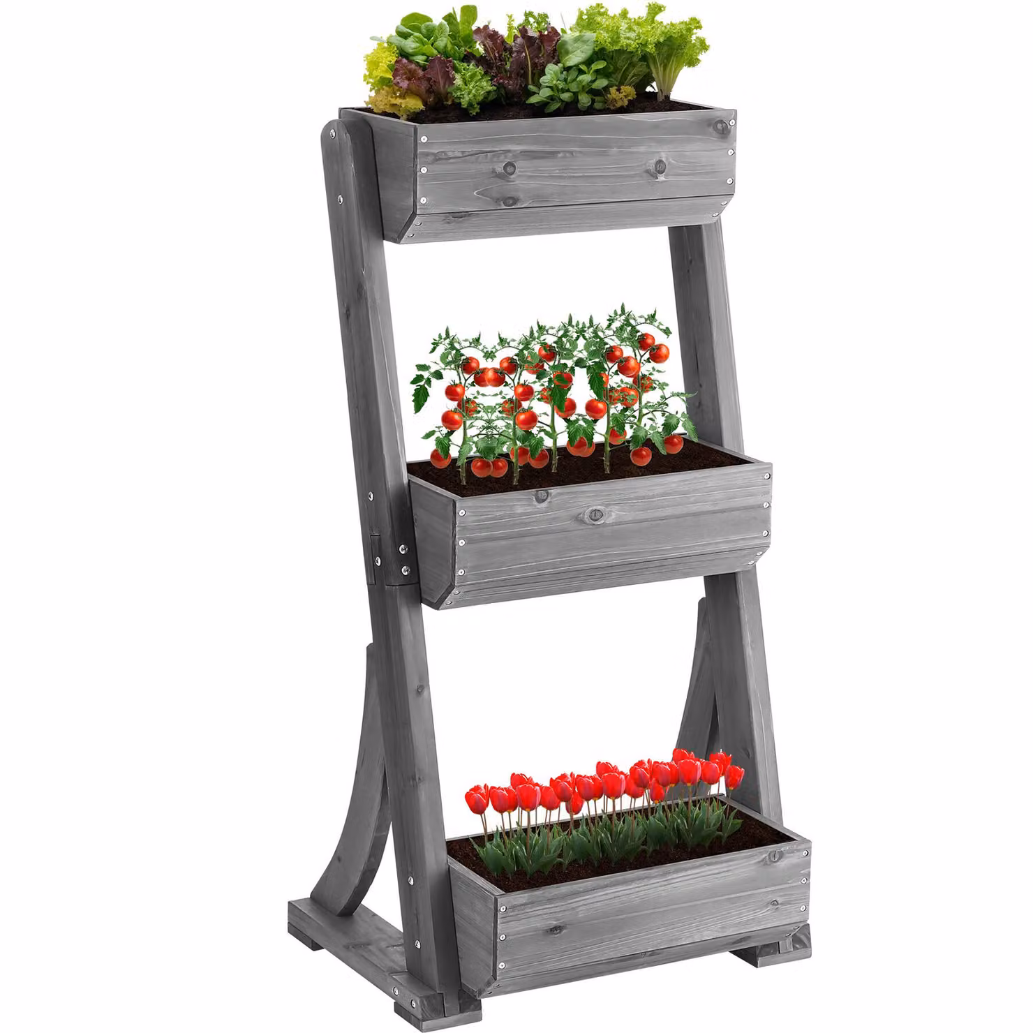 Aiuola verticale Tectake in legno e acciaio, ideale per orto ornamentale o erbe aromatiche, grigio, L: 60 cm, P: 49 cm, H: 140 cm – 4