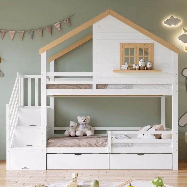Letto a castello in pino con scala contenitore e finestra, 90x200 cm, bianco/naturale