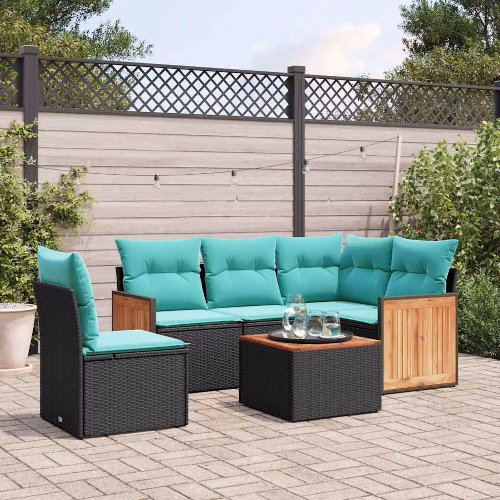 Set Divani da Giardino vidaXL 6 pz in Polyrattan Nero con Cuscini Blu e Tavolino da Esterno a Forma di L