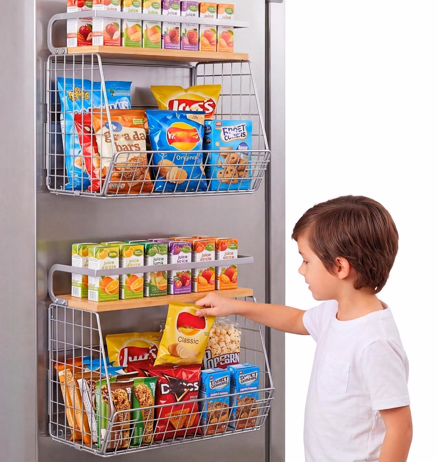 Ripiano magnetico per frigorifero con piano in legno, cesto in filo aperto, colore grigio