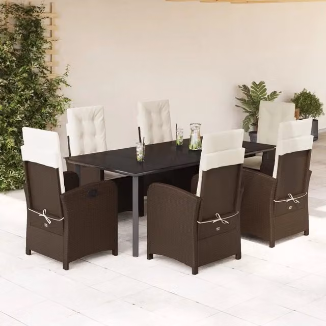 Set da pranzo da giardino vidaXL in polyrattan marrone con tavolo rettangolare in vetro e 7 pezzi