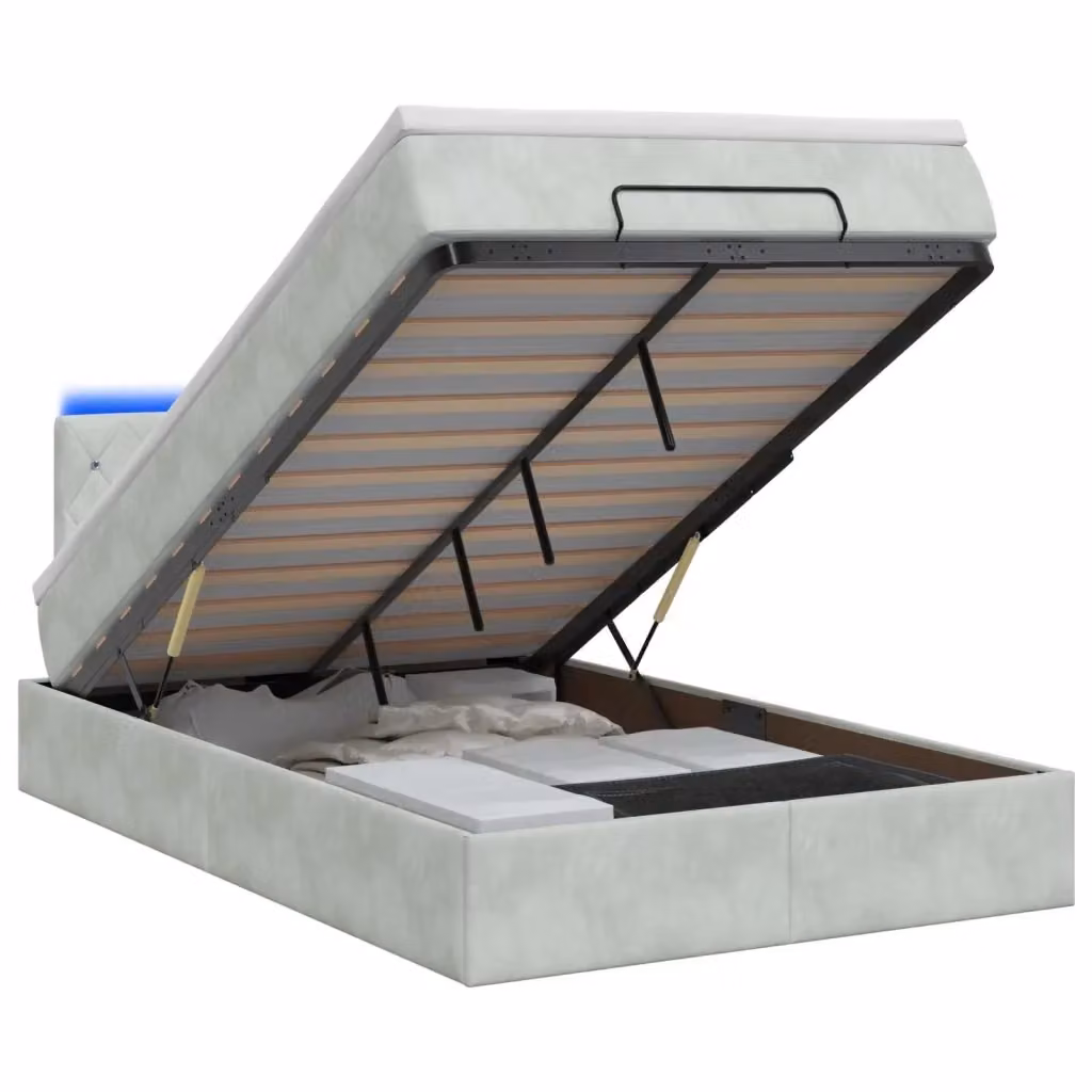 Letto Ottomano con Materasso Ibrido vidaXL in Velluto Grigio e Bianco con Illuminazione LED e Base a Sollevamento L/P: 120 x 200 cm – 2