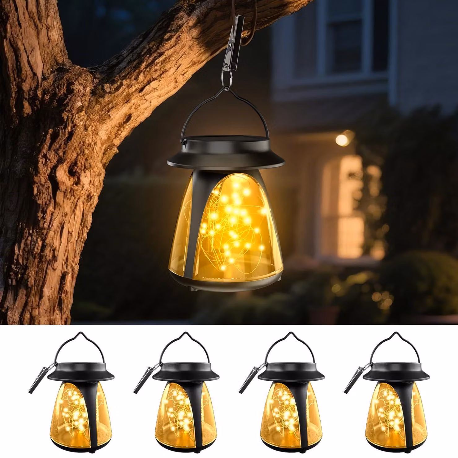 Set di 4 lampade solari da esterno, da appendere, luce bianco caldo, grado di protezione IP65, tecnologia LED