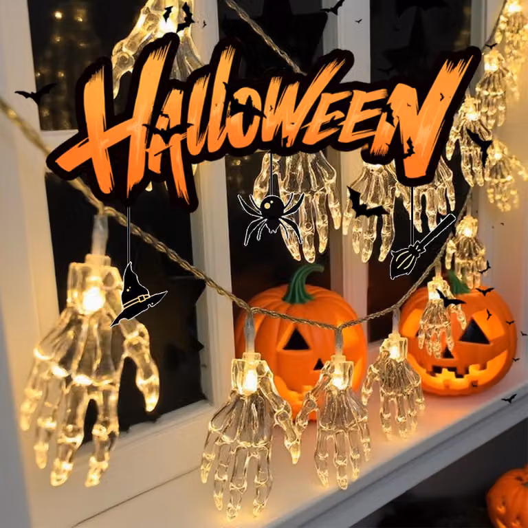 Catena luminosa a tema Halloween, 3 metri, 20 LED a forma di mano di scheletro, alimentata a batteria