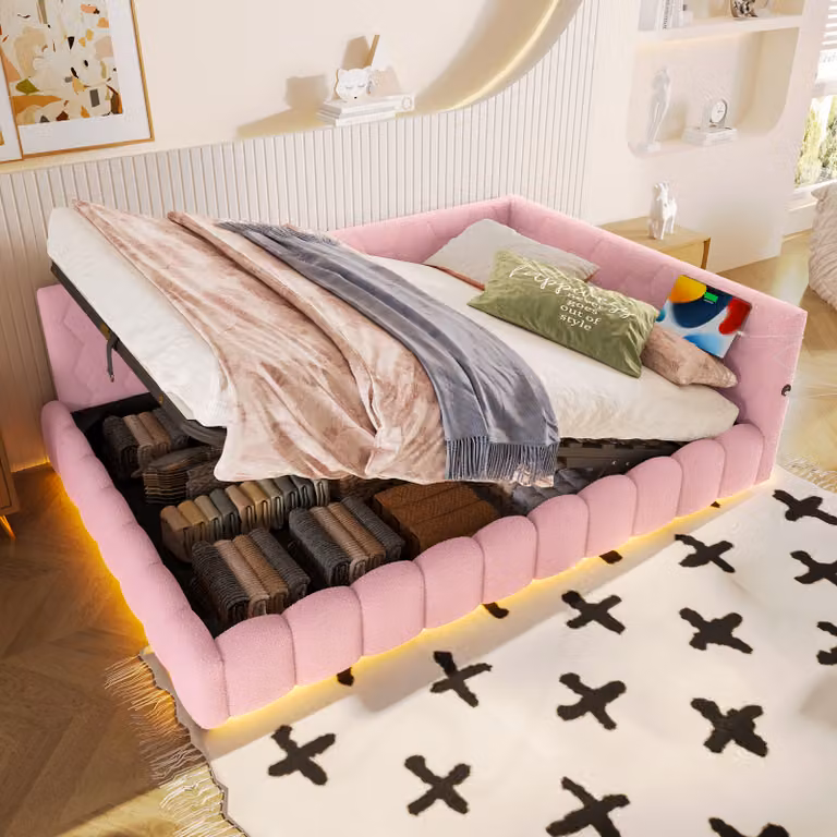 Flieks letto imbottito idraulico daybed 140x200cm, divano letto con USB e Type-C, letto giovanile daybed con LED, letto contenitore in pile, rosa