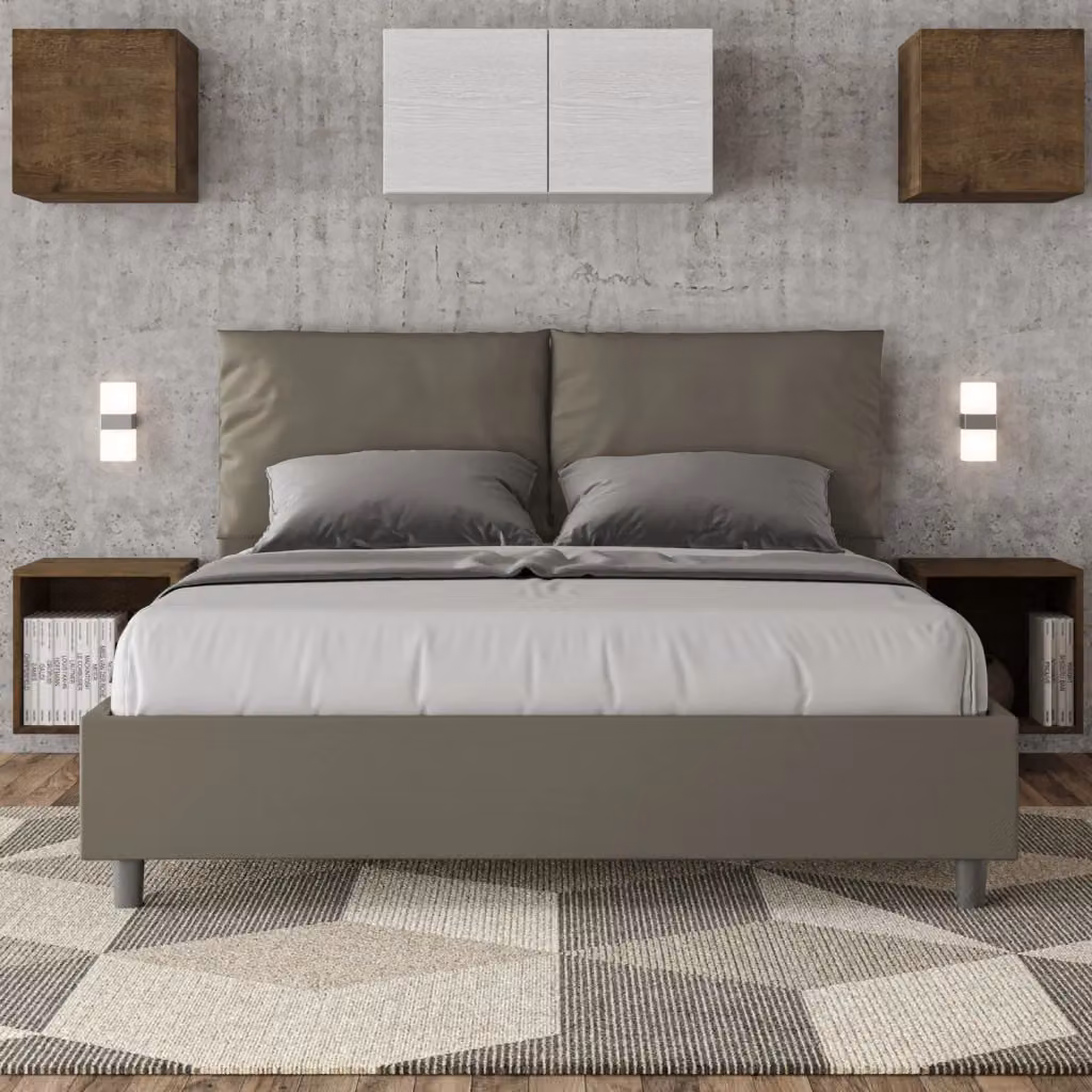 Letto Matrimoniale Antea con Contenitore e Rete con Alzata Imbottito in Similpelle Beige L/P/H: 160 x 210 x 110 cm – 2