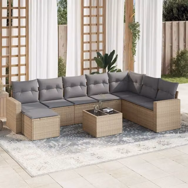 vidaXL Set Divano da Giardino a L 9 pz con Cuscini Beige e Tavolino in Vetro