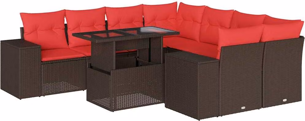 Set Divani da Giardino 9 pz con Cuscini Marrone in Polyrattan