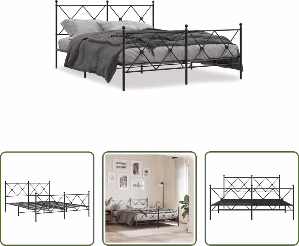 The Living Store Struttura letto con testiera e pediera in metallo nero 150x200 cm