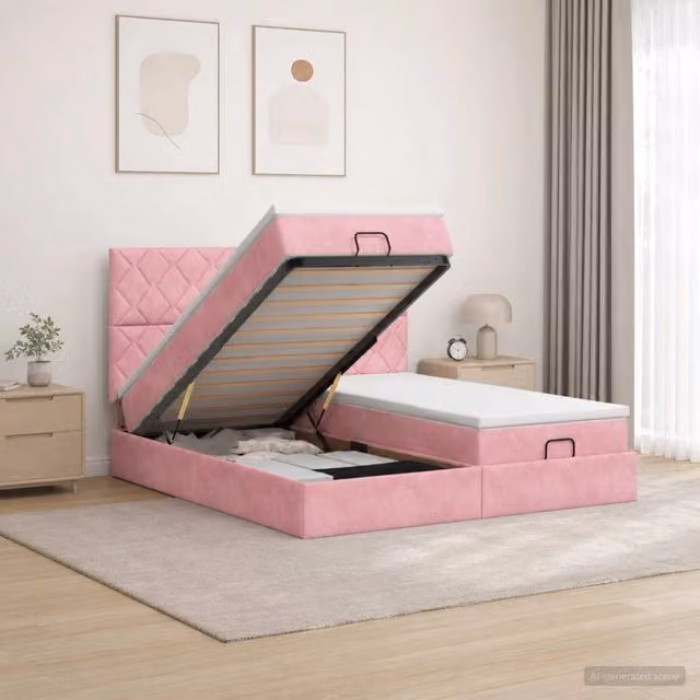 Letto Ottomano con Materasso e LED vidaXL in Velluto Rosa e Bianco, L/P/H: 200 x 200 x 88 cm