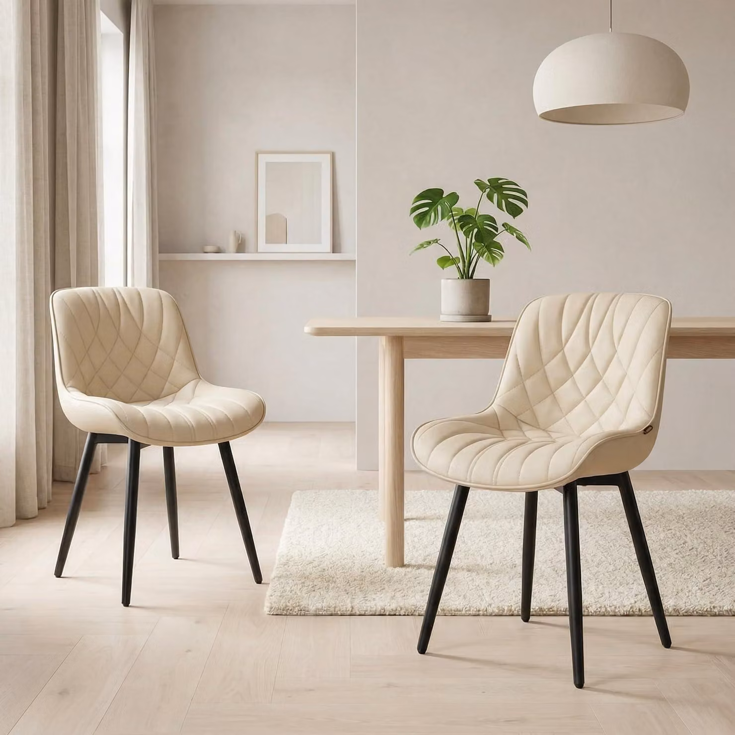 Sedie da pranzo beige, set da 2, in ecopelle, con struttura in metallo
