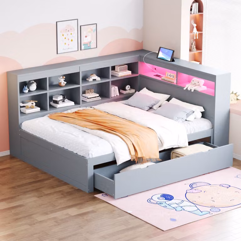 MODFU day bed 140x200cm letto in legno con presa USB e striscia LED, divano letto per ragazzi con ripiani e contenitori, grigio (con materasso)
