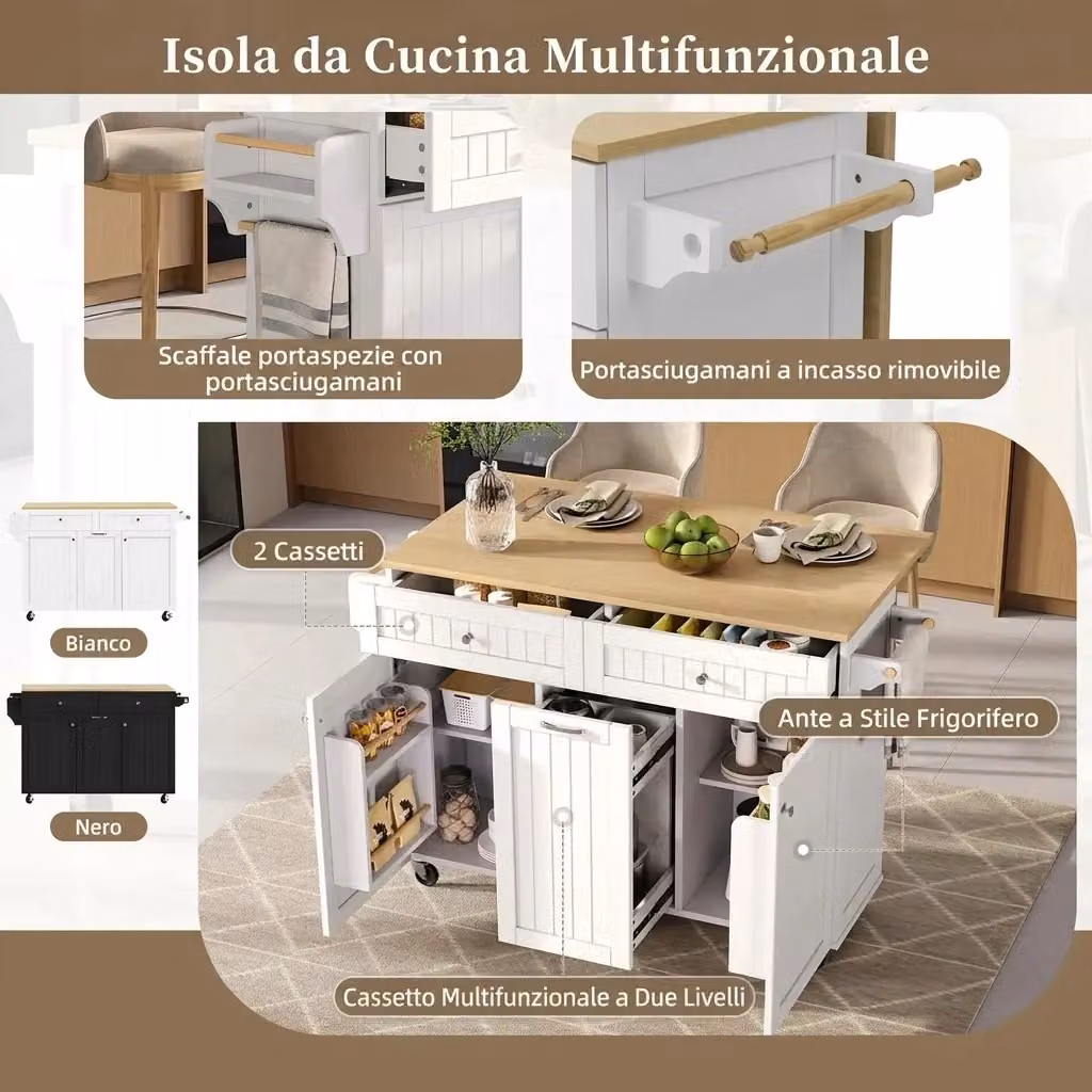 Isola per cucina moderna Vovees Living con ruote e piano estensibile, bianca, L/P/H: 140 x 40 x 92 cm – 2