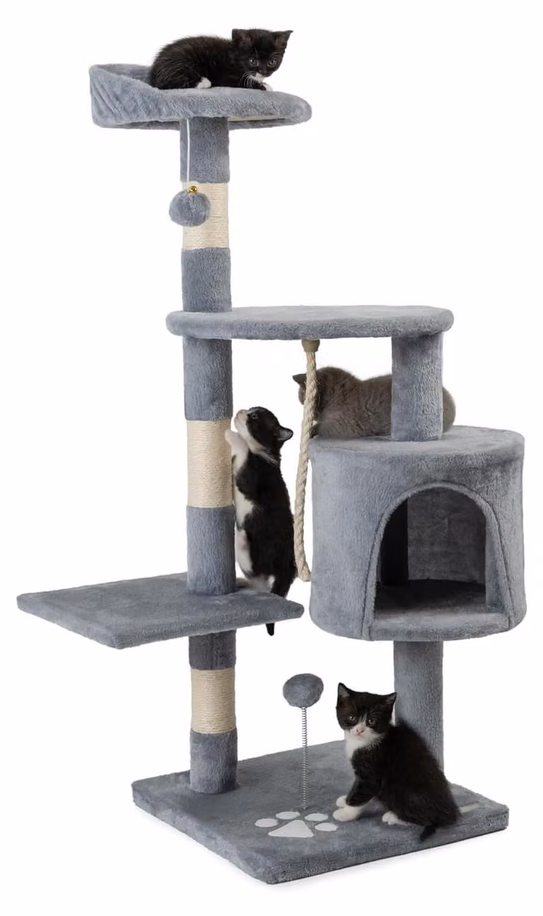 Tiragraffi per gatti - Peluche con 2 palline e corda da gioco - 112 cm - Sisal - Grigio chiaro
