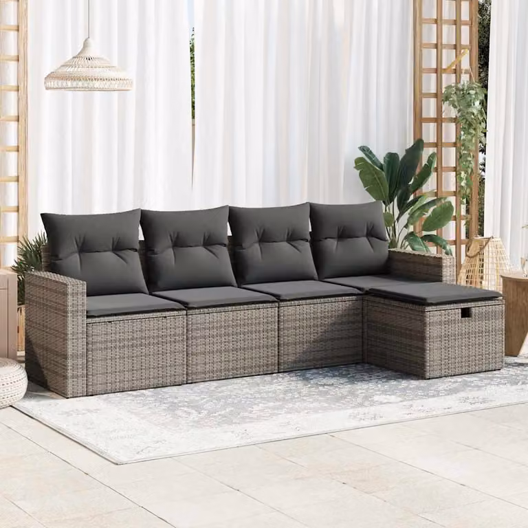 Set Divano da Giardino vidaXL 5 pz a Forma a L in Polyrattan Grigio con Cuscini e Ottoman
