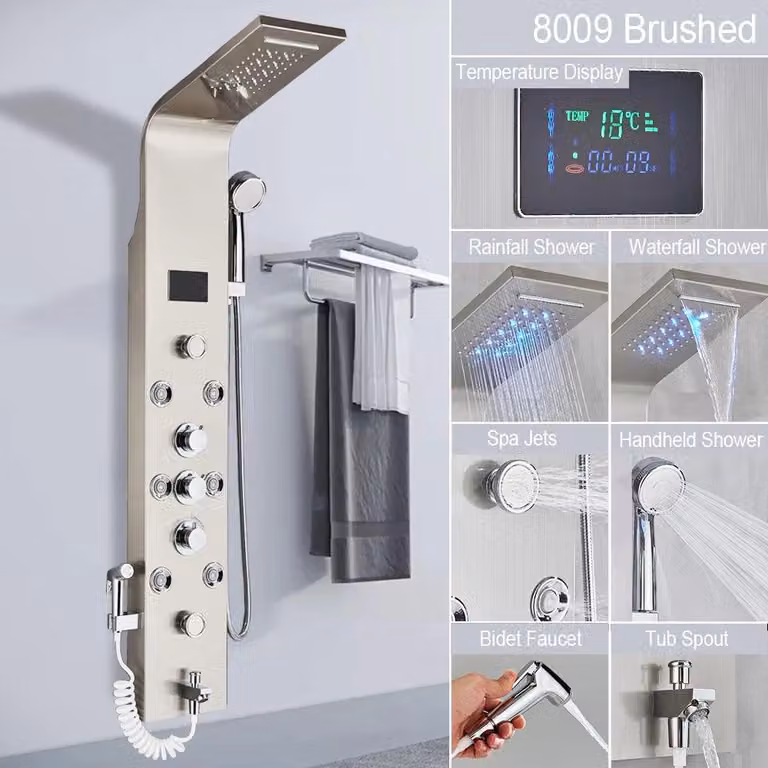 Sistema doccia a LED nero con getti massaggio a cascata e tre miscelatori per il bagno