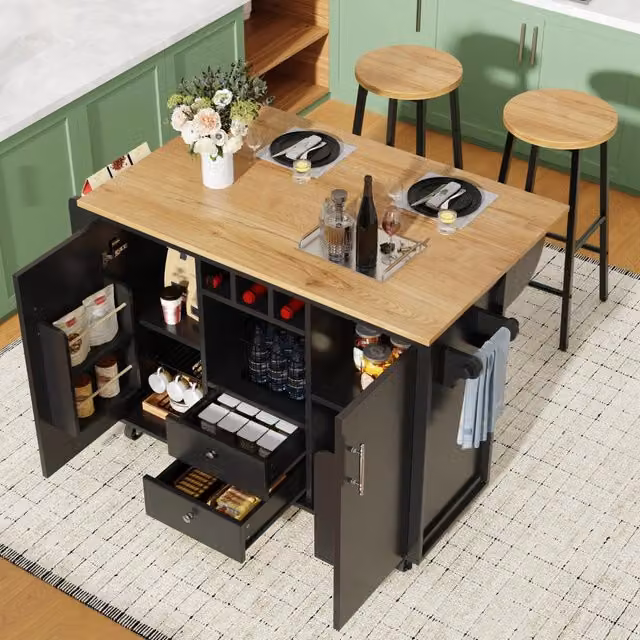 Carrello da cucina con piano ribaltabile, 2 cassetti, doppie ante e 2 sgabelli, per cucina e sala da pranzo, nero