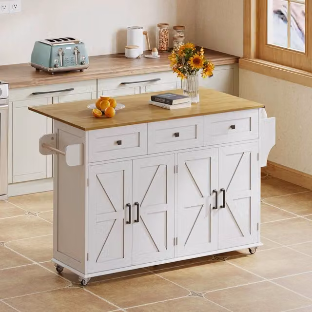 Isola cucina con piano pieghevole in MDF; 5 ruote bloccabili; 4 ante e 3 cassetti; bianca e naturale; 140 x 43-70 x 93 cm