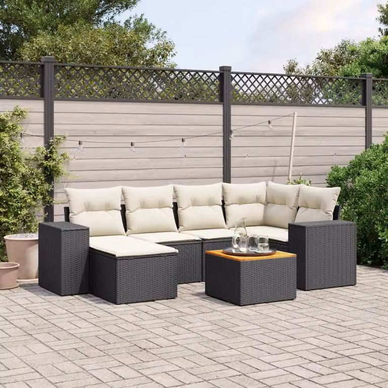 vidaXL Set Divani da Giardino a L con Cuscini 7pz in Polyrattan Nero e Legno di Acacia
