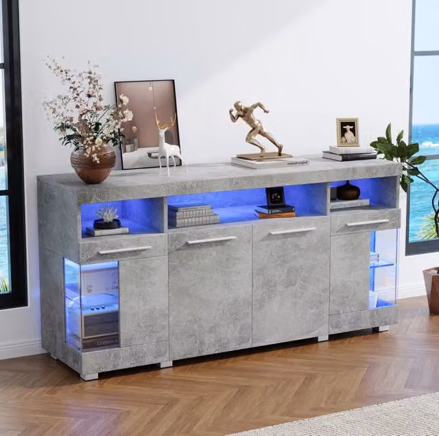 Credenza soggiorno 140x40x70 cm grigio cemento con LED; 3 cassetti; vetro temperato; MDF