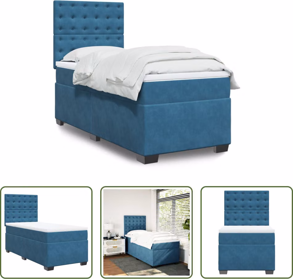 The Living Store Letto a molle con materasso blu 90x190 cm in velluto