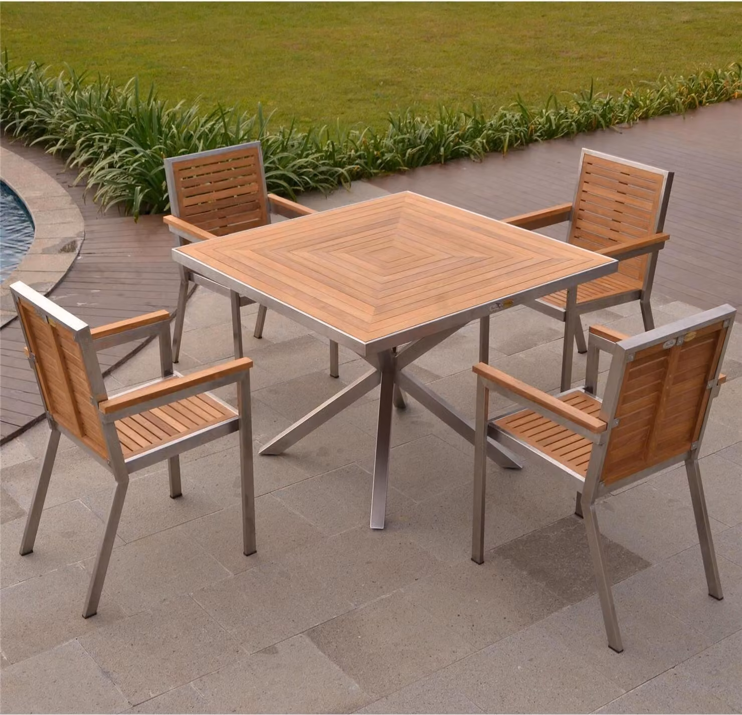 4 Stapelstühle Dosazzo + Tisch Andalo 80 x 80 cm Edelstahl