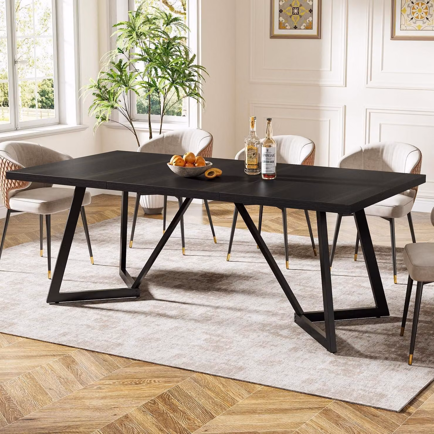 Tavolo da pranzo rettangolare, 180 cm, per 6-8 persone, con struttura in metallo nero
