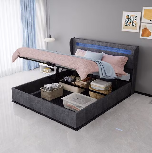 Letto contenitore 160x200 cm in tessuto e metallo grigio con LED e materasso –