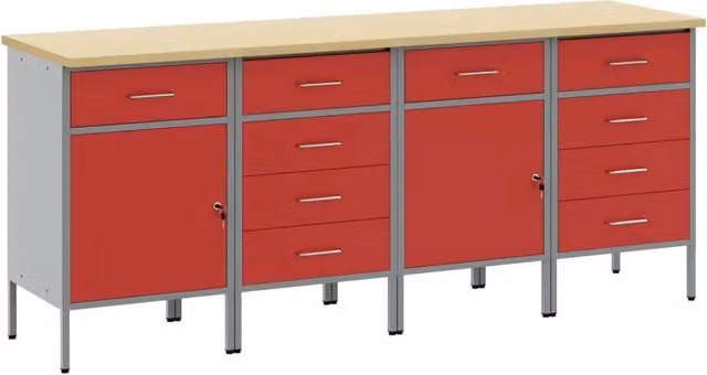 Mobile da lavoro vidaXL in acciaio e legno, 4 pezzi, Rosso e Grigio, L/P/H: 200 x 55 x 85 cm – 1