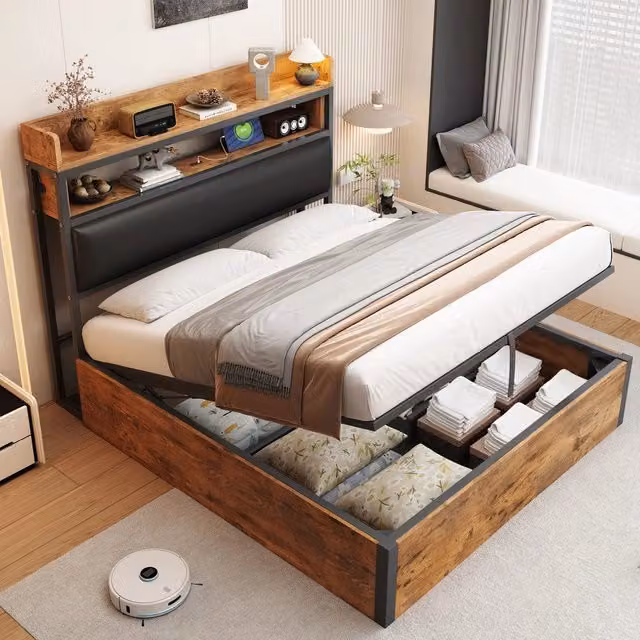 Letto contenitore imbottito ¨C Minimal ¨C Nero 140x200cm legno metallo testiera idraulico con USB