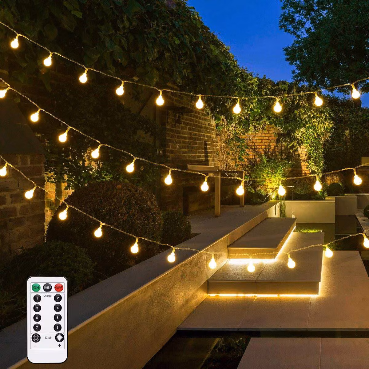 Catena luminosa a LED a forma di sfera, 50 luci, 5 metri di lunghezza, luce calda e bianca, dimmerabile, alimentata a batteria con telecomando, 8 modalità di illuminazione, timer e funzione di memorizzazione, ideale per decorazioni interne, matrimoni, fes