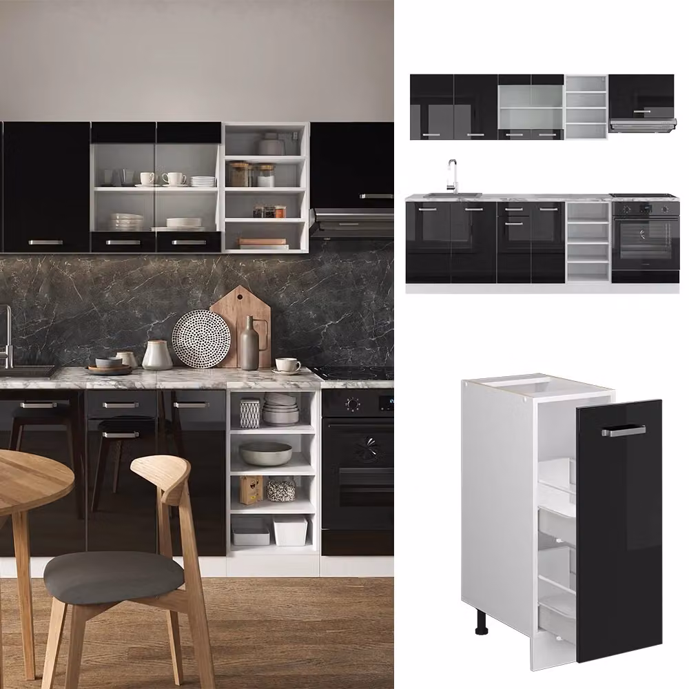 Cucina componibile moderna R-Line Vicco in nero lucido e bianco, larghezza: 240 cm – 2