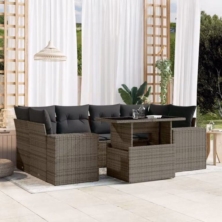 Set di divani da giardino vidaXL in polyrattan grigio con cuscini, tavolo e sedute a forma di L per esterno