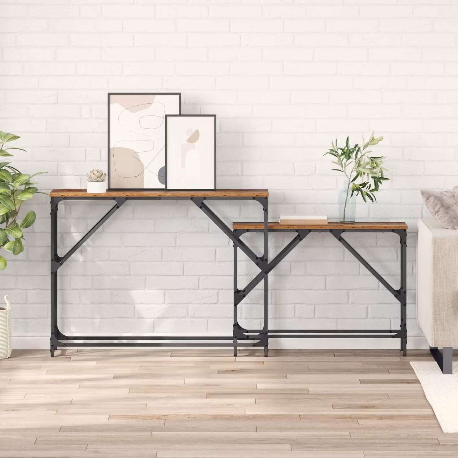 Set di 2 tavoli consolle vidaXL in stile moderno con finitura legno vecchio, colore marrone e nero, L 100 x P 28 x H 75 cm