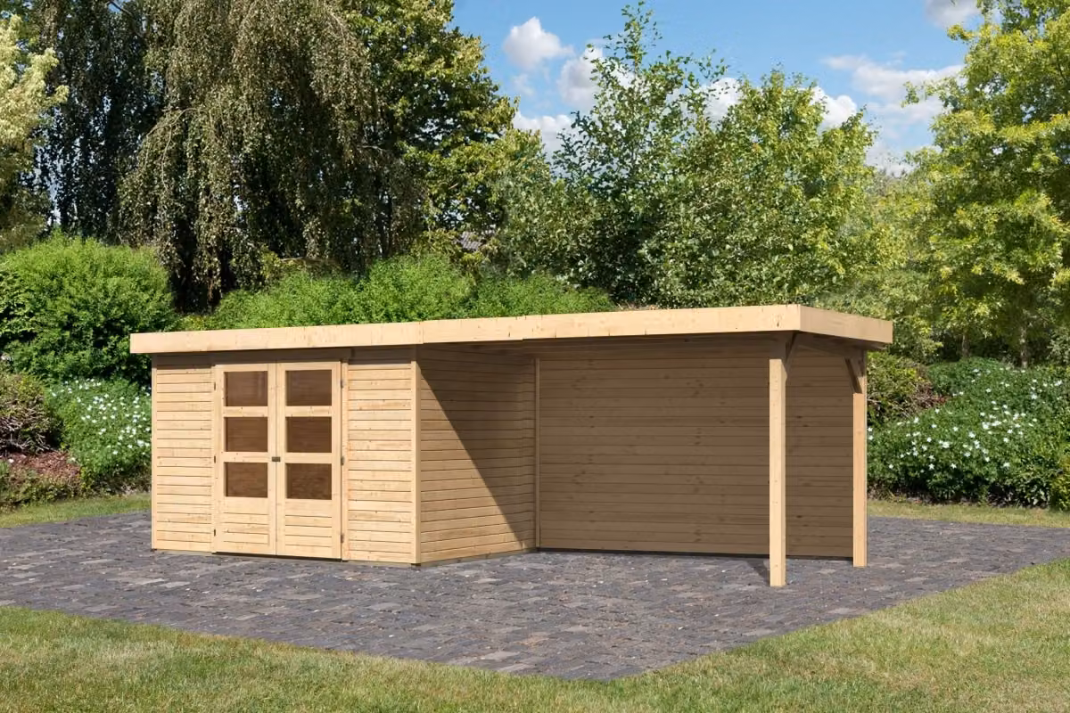 Casetta da giardino Askola 4 in finitura naturale, in set con tettoia annessa di 2,80 m di larghezza e parete posteriore da 19 mm