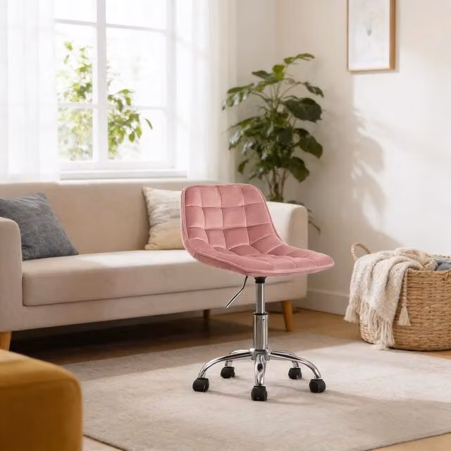 Sedia da ufficio girevole in velluto rosa con schienale ergonomico e ruote per casa e ufficio